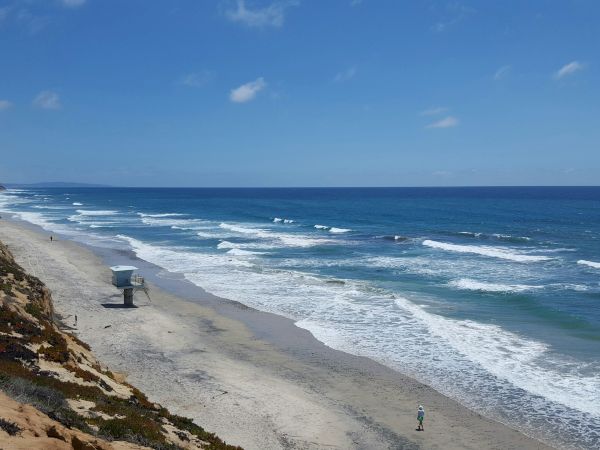 Coastline with sandy beach, waves rolling in, rocky cliff on left, a lifeguard tower near shore, and a few distant beachgoers under a clear blue sky.