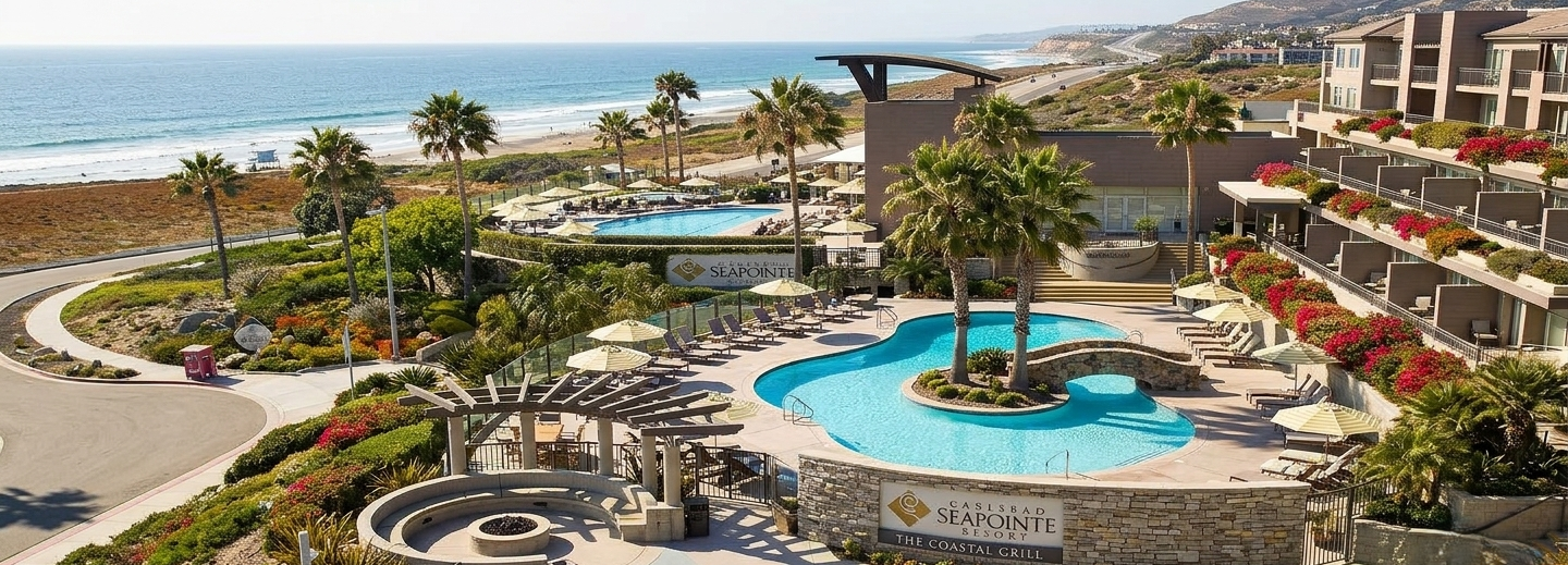 A beach resort with a curvy blue pool, palm trees, lounge chairs, and a sea view; multi-story buildings line the right, a circular spa area in the foreground.