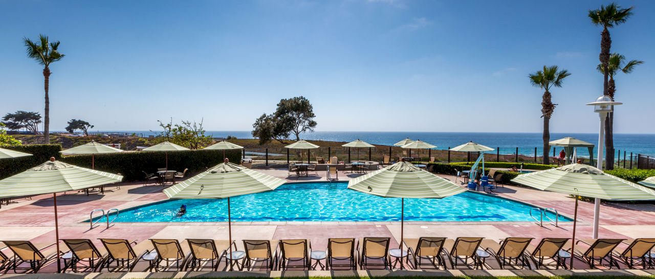 A sunny oceanfront resort pool with striped umbrellas, lounge chairs, and palm trees under a clear blue sky.